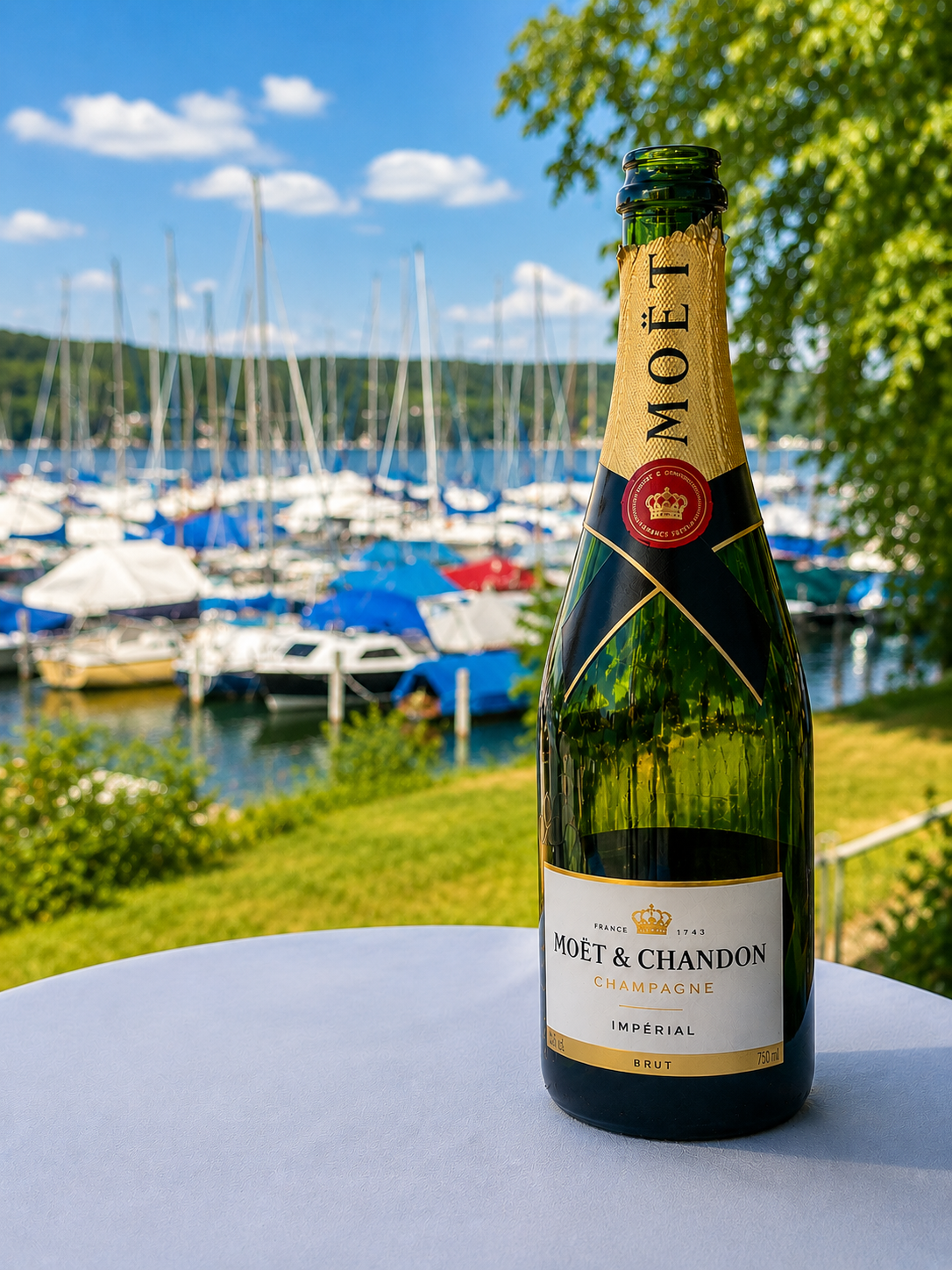 Champagnerflasche auf einem Stehtisch vor Segelbooten im Hafen des Marina Resorts Bernried